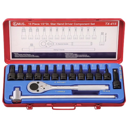 Genius Tools 15 PCS 1/2in Drive Star Type Head Driver Bit Set TX-415