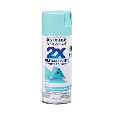 Rust-Oleum Painter's Touch 2X Ultra Cover Spray Paint, Satin Aqua, Satin, Solvent, 12 Oz 334059
