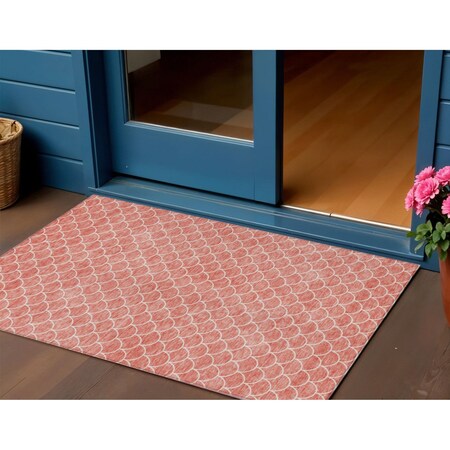 Homeroots 3' X 5' Salmon And Ivory Geometric Washable Indoor Outdoor Area Rug 596201