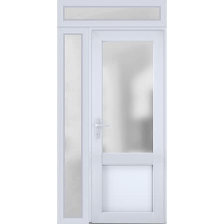 Vdomdoors Front Exterior Prehung FiberGlass Door Frosted Glass / Manux 8422 White Silk / Sidelight and Transo MANUX8422EXD-WS-W36+14 x H80+14-RH