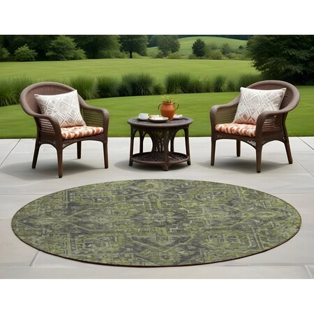 Homeroots 8' Round Moss Green and Gray Round Oriental Washable Non Skid Indoor Outdoor Area Rug 563813