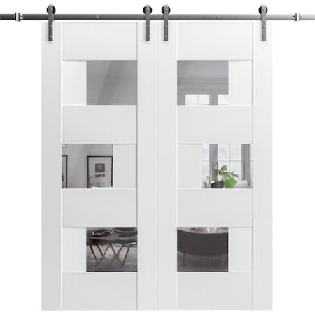 Vdomdoors Modern Double Barn Door Sete 6999 White Silk with Mirror 13FT Rail Track Set Solid Panel Interior SETE6999DB-S-WS-7296