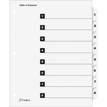 Cardinal Brands Cardinal OneStep Printable T.O.C. Divider, Printed 1, 8, 9"x11", 8 Tabs, White/White 60813