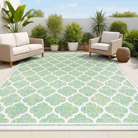 Jonathan Y Trebol Moroccan Trellis Textured Weave Cream/Green 5 ft. x 8 ft. Indoor/Outdoor Area Rug SMB109I-5