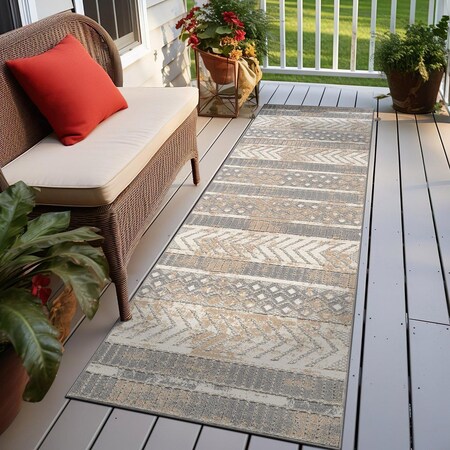 World Rug Gallery Distressed Geometric Indoor/Outdoor Runner Rug 2 ft 7 in x 12 ft Beige 8019BEIGE27X12
