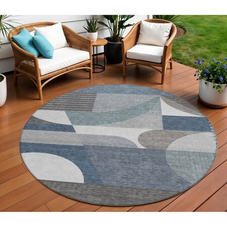 Homeroots 8' Gray Blue And Ivory Round Geometric Washable Indoor Outdoor Area Rug 616726