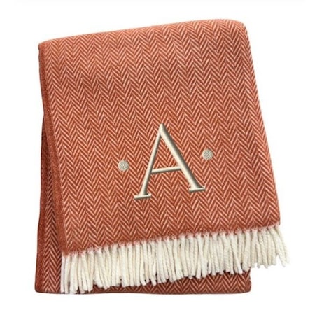 Homeroots 55" X 70" Terra Cotta White Herringbone Cotton Blend A Initial Throw Blanket w/ Tassels Embroidery 680598