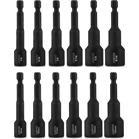 Neiko Magnetic Hex Impact Nut Driver Set, 12-Piece, Cr-V Steel, 1/4'' Quick-Change Hex Shank Nutsetters 10250A