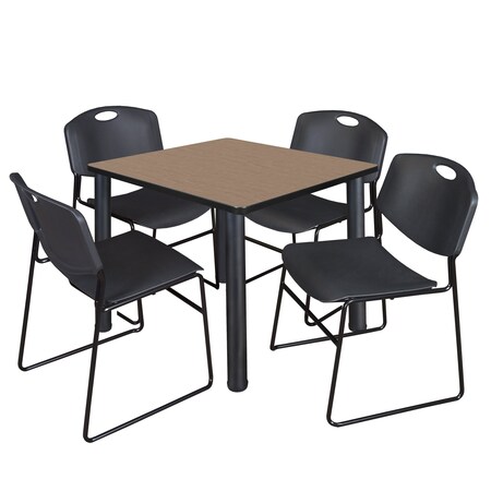Regency Square Kee Breakroom Table W/ 4 Zeng Stack Chairs, 36 in W, 36 in L, Noble Oak TB3636NOBPBK44BK