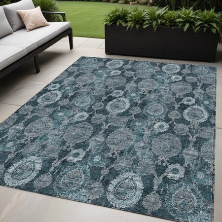 Homeroots 5' X 8' Teal Blue And Sky Blue Damask Washable Indoor Outdoor Area Rug 588197