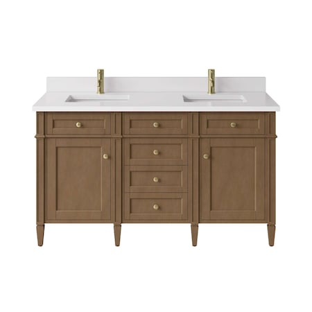 James Martin Vanities Brittany 60" Dbl Vanity, Pecan w/ Sgl Hole 3 CM White Zeus Silestone Top and Matching Backsplash 655-V60D-PCN-1WZ