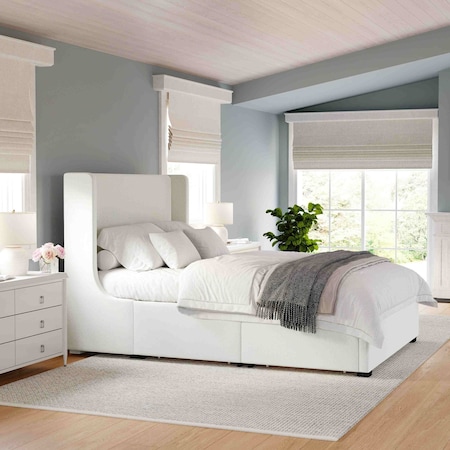 Martha Stewart Kian Queen Upholstered Platform Bed with Wingback Headboard and 4 Side Storage Drawers XH-8528-Q-WH-MS