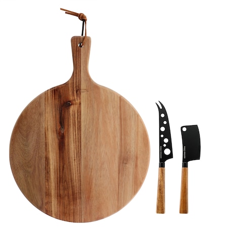 Gibson Elite 3 Piece Acacia Wood Charcuterie Serving Board and Cheese Knife Set in Brown 137744.03
