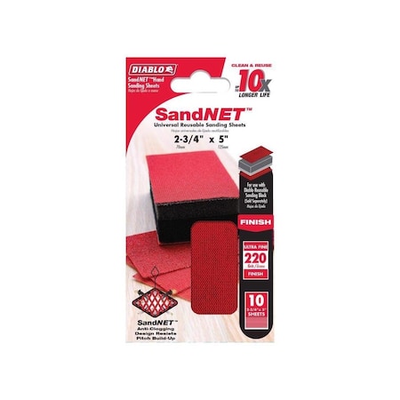 Diablo SandNet Sanding Sheet, 2-3/4 in L, 220 Grit, Aluminum Oxide Abrasive Red, 10PK DND234220S10N