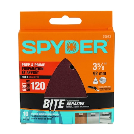 Spyder 3-5/8-Inch 120-Grit Aluminum Oxide Triangle Detail Sanding Sheets, 10PK 70033