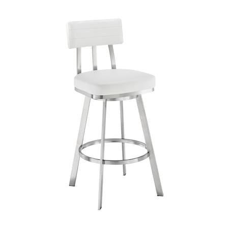 Armen Living Benjamin 26in Swivel Counter Stool in Brushed Stainless Steel with White Faux Leather LCBEBABSWHI26