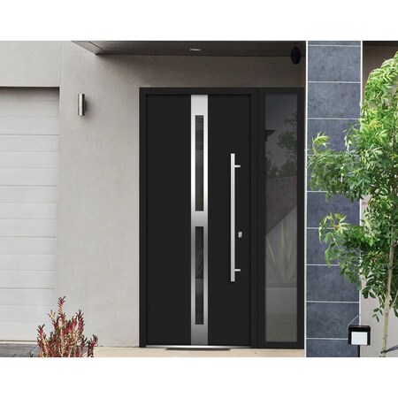 Vdomdoors Steel Door Deux 1755 Black Enamel Sidelight Exterior Window Stainless Inserts Single Modern Painted DEUX1755EXD-BLK-W36+16 x H80-Left-hand Inswing