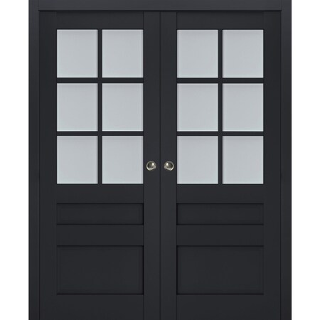 Sartodoors Sliding French Double Pocket Doors with Frosted Glass 64x96 (2* 32x96) Solid Core Modern Interior VEREGIO7339DP-ANT-6496