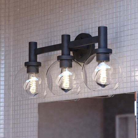 Vaxcel Marshall 3 Light LED Compatible Black Transitional Bathroom Vanity Wall Fixture Clear Glass W0462