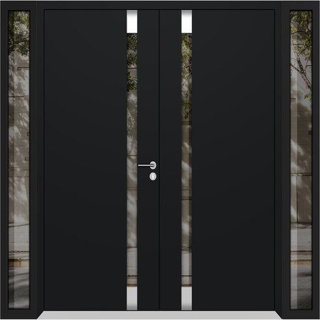 Vdomdoors Aluminum Double Doors Cynex 6777 Black 2 Sidelights Mirrored Clear Glass Modern Painted 96x80 (W12+ CYNEX6777DEXD-BLK-W12+72+12xH80-LH-O