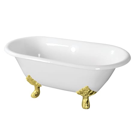 Kingston Brass 60" Cast Iron Oval Double Ended Clawfoot Tub, No Faucet Drillings, White/Polished Brass VCTND603119NC2