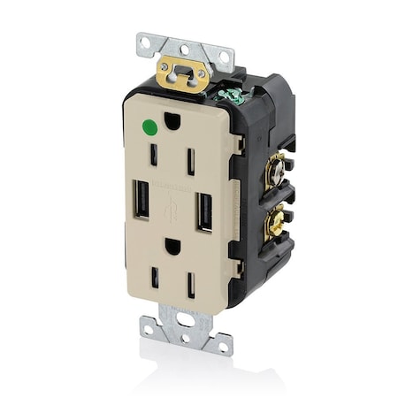 Leviton USB Charger/Duplex Tamper-Resistant Receptacle, Hospital Grade, 3.6/15 Amp, 125 Volt, Ivory T5632-HGI
