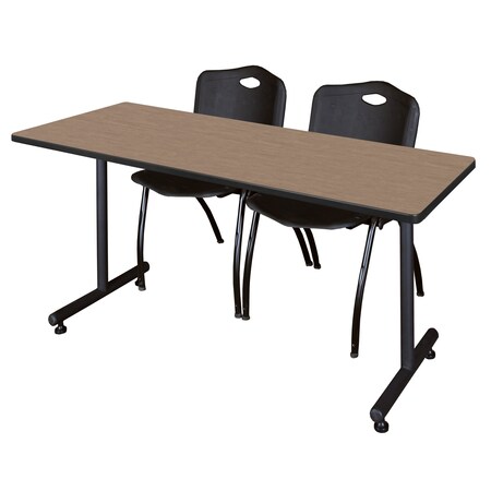 Regency Kobe T-Base Training Seminar Table W/ 2 M Stack Chairs, 60 in W, 30 in L, Noble Oak MKTRCT6030NO47BK