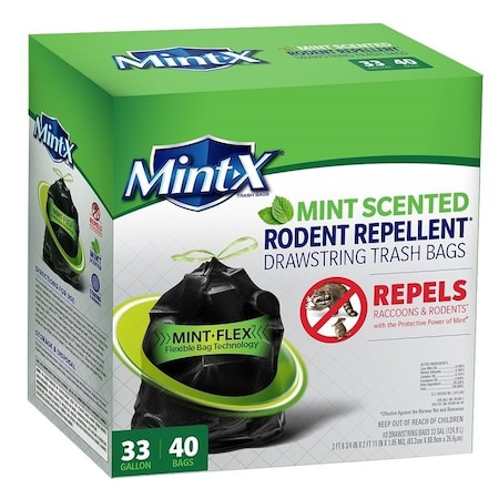 Mint-X Mint-X Trash Bag, XL, 33 gal Capacity, Plastic, Black MX3335B40F