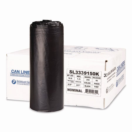 Integrated Bagging Systems Low-Density Commercial Can Liners, 33 gal, 1.5 mil, 33" x 39", Black, Interleaved Roll, 100PK SL3339150K
