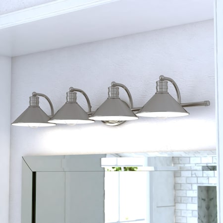 Vaxcel Akron 38-in Satin Nickel Farmhouse Barn Wall Sconce, 4 Light Bathroom Vanity Fixture, Metal Shade, White Interior W0378