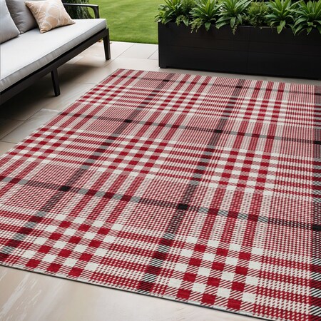 Homeroots 5' X 8' Red Black And Ivory Plaid Washable Indoor Outdoor Area Rug 601513