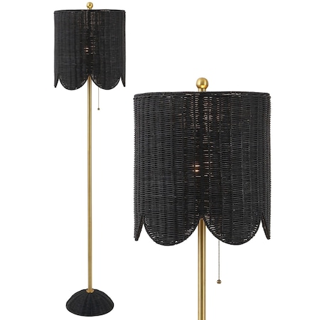 Jonathan Y Joel 63.5" Coastal Bohemian Scallop Shade Rattan/Metal LED Floor Lamp w/ Pull Chain, Black/Brass Gold JYL1153C