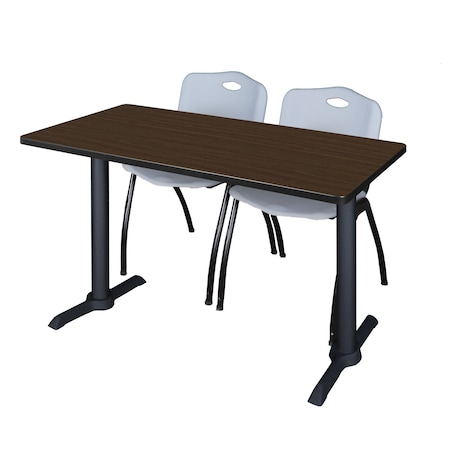 Regency Cain T-Base Training Seminar Table W/ 2 M Stack Chairs, 48 in W, 24 in L, Neo Walnut MTRCT4824NW47GY