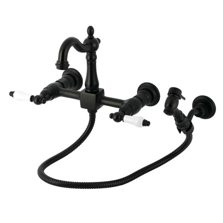Kingston Brass Two-Handle Wall Mount Bridge Kitchen Faucet with Brass Sprayer, Matte Black KS2440PLBS