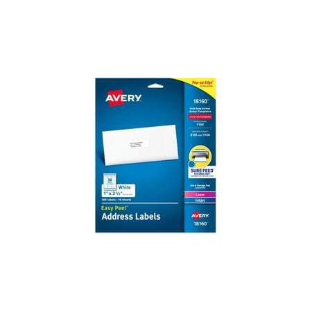 Avery Easy Peel Address Labels, Sure Feed Technology, 1in W x 2 5/8in L, Permanent Adhesive, 300PK 18160