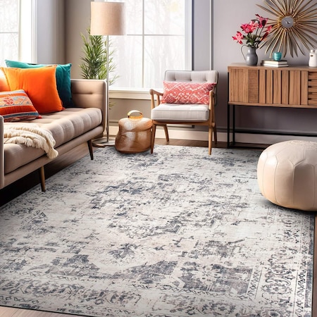 World Rug Gallery Transitional Distressed Medallion Washable Non Slip Area Rug 8 ft x 10 ft Gray WR79GRAY8X10