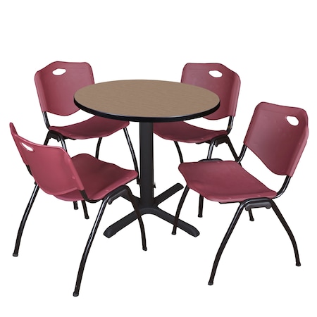 Regency Round Cain Breakroom Table W/ 4 M Stack Chairs, 30 in W, 30 in L, Noble Oak TB30RNDNO47BY