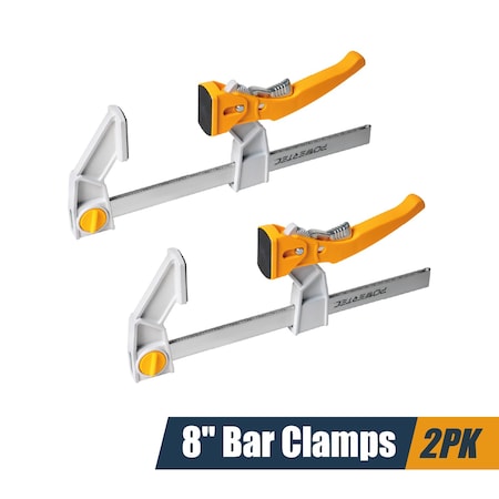 Powertec 8 Inch Bar Clamps w/ 440 lb Capacity, Quick-Release Woodworking Clamps w/ Aluminum Jaws, 2PK 72120