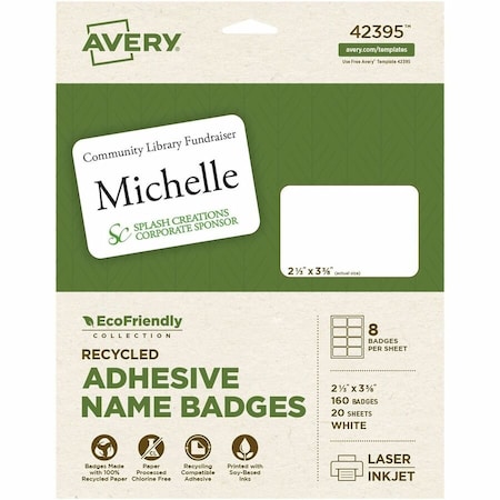 Avery EcoFriendly Name Badge Labels, 2-1/3" x 3-3/8, White, 160/Box 42395