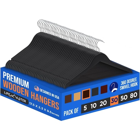 Lifemaster Wooden Hangers, Swivel Hook, Non-Slip, Pants Bar, Holds 10 lbs, Brown, 30PK LMWD30BW