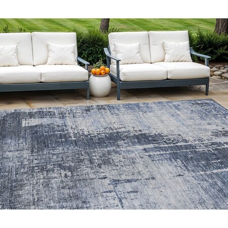 Homeroots 10' X 14' Navy Blue And Sky Blue Abstract Washable Indoor Outdoor Area Rug 587295