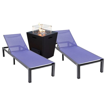 Leisuremod Marlin Black Aluminum Patio Chaise Lounge Chair Set of 2 with Square Fire Pit Table, Navy Blue MLBLCF21-77NBU2