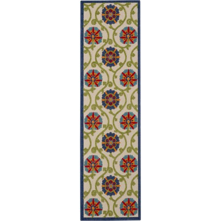 Homeroots 12' Navy Blue Beige Green Blue And Red Floral Indoor Outdoor Runner Rug 546801