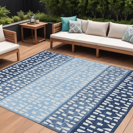 Homeroots 8' X 10' Blue Sky Blue And Ivory Geometric Washable Indoor Outdoor Area Rug 613828