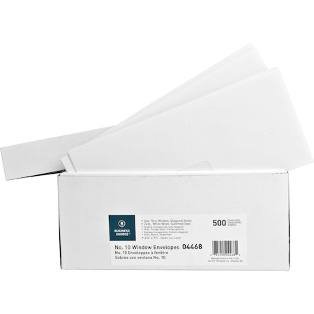 Business Source Window Envelope, White, Gummed Flap, PK500 BSN04468