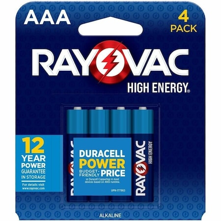 Rayovac 824-4J Battery, 1.5 V Battery, AAA Battery, Alkaline, Blue, 4/PK, 4PK 824-4T