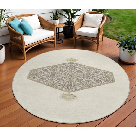 Homeroots 8' Ivory Beige And Gray Round Oriental Washable Indoor Outdoor Area Rug 598204