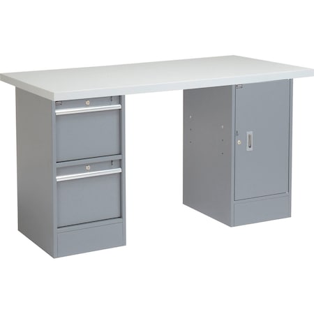 Global Industrial 60 x 30 Pedestal Workbench 2 Drawers and Cabinet, Laminate Square Edge Gray 319041