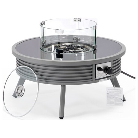Leisuremod Walbrooke Outdoor Patio Aluminum Round Slats Design Fire Pit Side Table with Lid & Fire Glass, Grey WGRS-29-GL