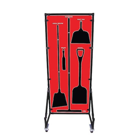 5S Supplies Housekeeping Shadow Board Broom Station V5, Red / Black Shadows, Kit + Stand, No Text HSB-V5-RED-KIT-STAND-NO TEXT